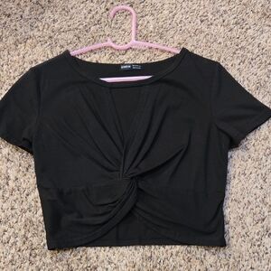SHEIN Black Short-Sleeve Twist Knot Crop Top